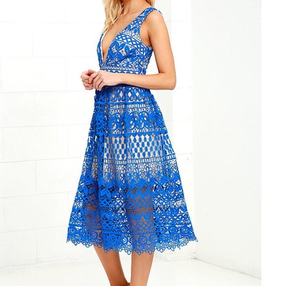 Lulus Blue and Beige Lace Midi Dress - Picture 2 of 16